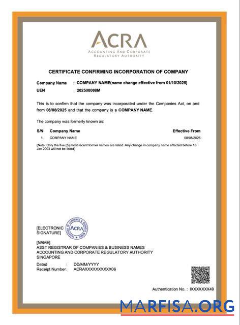 Downloadable Singapore certificate confirming incorporation of company Word and PDF template